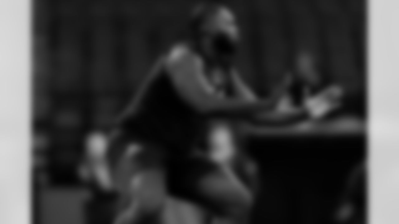 Miami offensive lineman Jalen Rivers participates in a drill at the NFL football scouting combine in Indianapolis, Sunday, March 2, 2025. (Brooke Sutton via AP)