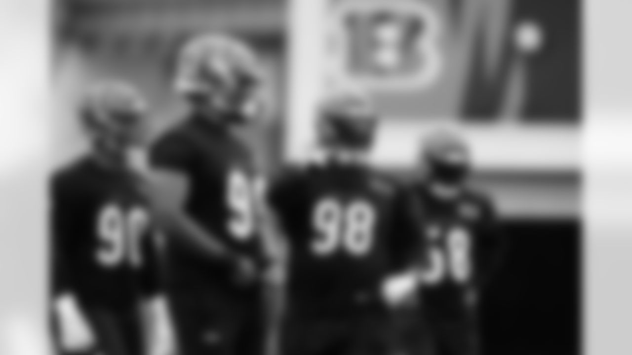 DL Kris Jenkins Jr., Myles Murphy, T.J. Slaton Jr. and Joseph Ossai during OTAs at Kettering Health Practice Fields, Tuesday, May 27, 2025.