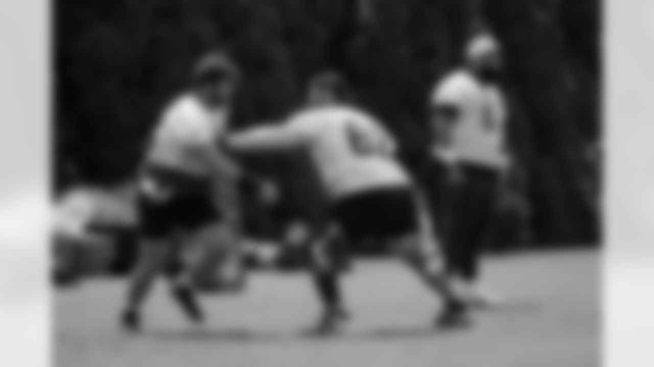 C Ted Karras and G Lucas Patrick during Phase Two of offseason workouts at Kettering Health Practice Fields, Monday, May 19, 2025.