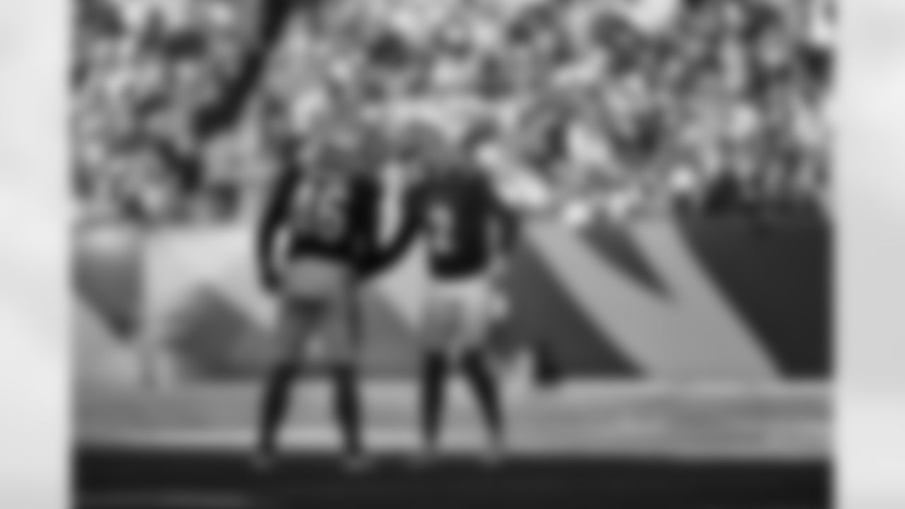 K Evan McPherson and LS William Wagner celebrate a field goal during Week 12 against the New England Patriots at Paycor Stadium, Sunday, Nov. 23, 2025.