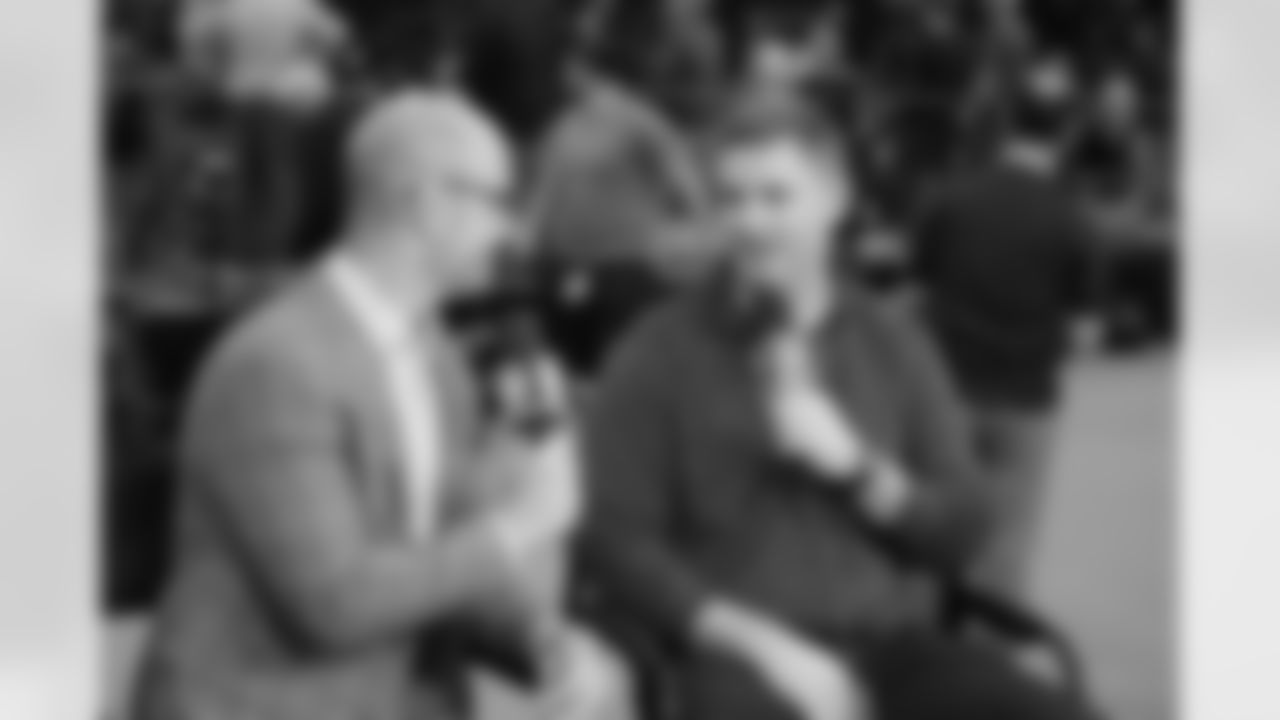 Mike Garafolo, left, interviews Cincinnati Bengals head coach Zac Taylor at the NFLN broadcast booth on Tuesday, February 24, 2026 in Indianapolis. (Gregory Payan/AP Content Services for NFL)