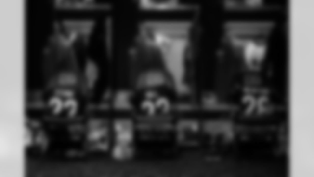 S Geno Stone and CB Dax Hill and Josh Newton's jerseys in the locker room ahead of Week 9 against the Bears, Sunday, Nov. 2, 2025.