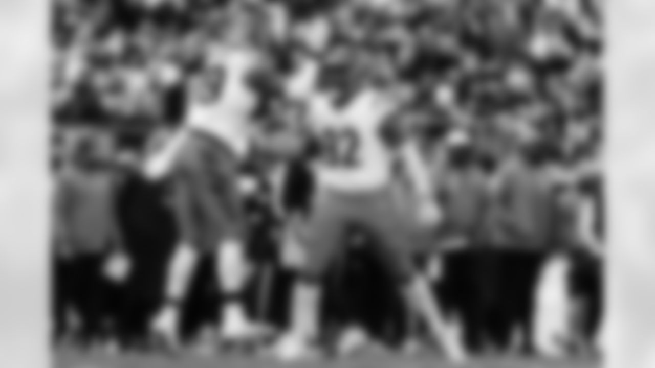 DE Myles Murphy and DT B.J. Hill celebrates a sack during Week 11 against the Steelers in Pittsburgh, Sunday, Nov. 16, 2025.