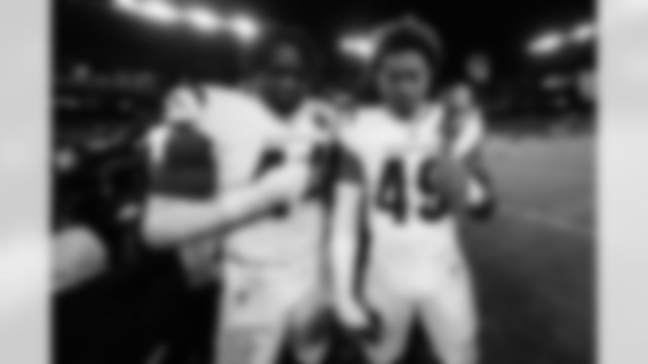 LBs Demetrius Knight Jr. and Barrett Carter after Week 13 against the Baltimore Ravens, Thursday, Nov. 27, 2025.