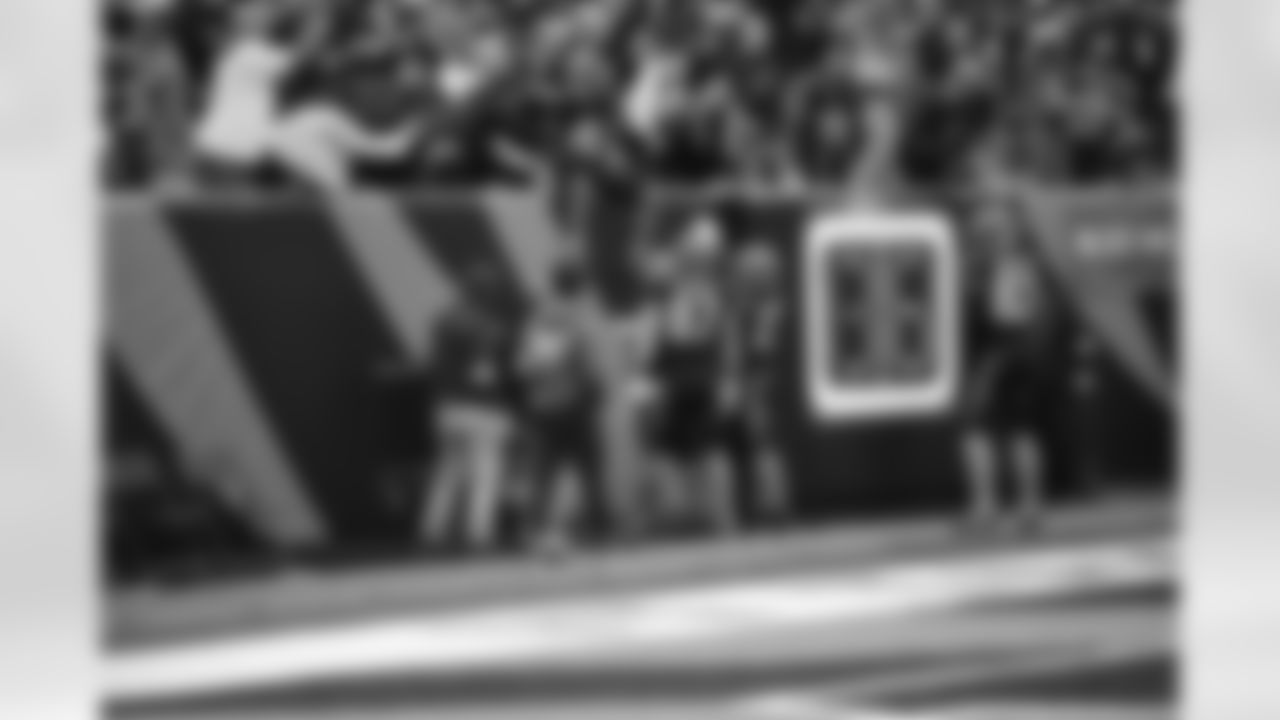 WR Charlie Jones celebrates a touchdown during Week 9 against the Chicago Bears at Paycor Stadium, Sunday, Nov. 2, 2025.