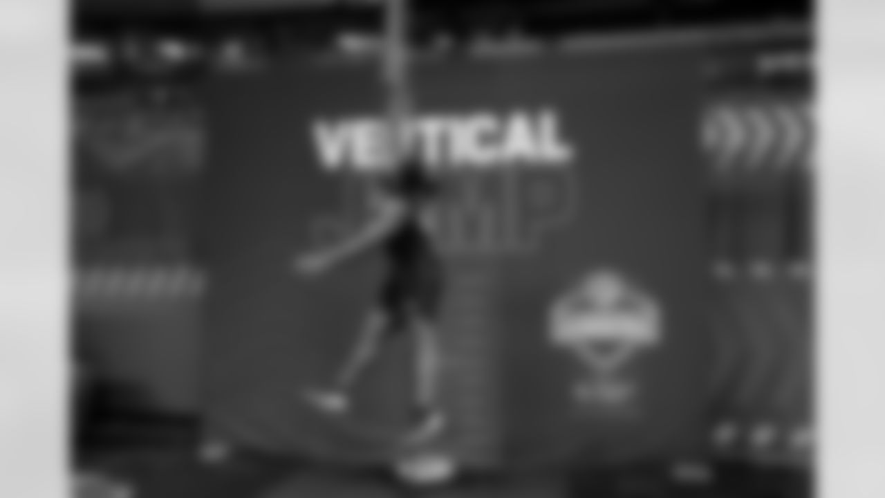 South Carolina defensive lineman Nick Barrett (03) participates in the vertical jump during the 2026 NFL Scouting Combine on Thursday, February 26, 2026 in Indianapolis, Indiana. (Lauren Leigh Bacho/NFL)