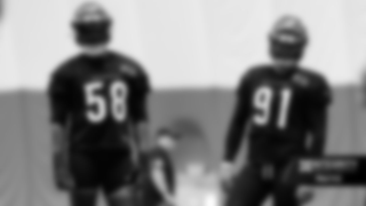 DEs Joseph Ossai and Trey Hendrickson during practice at the IEL Indoor Facility, Thursday, Sept. 25, 2025.