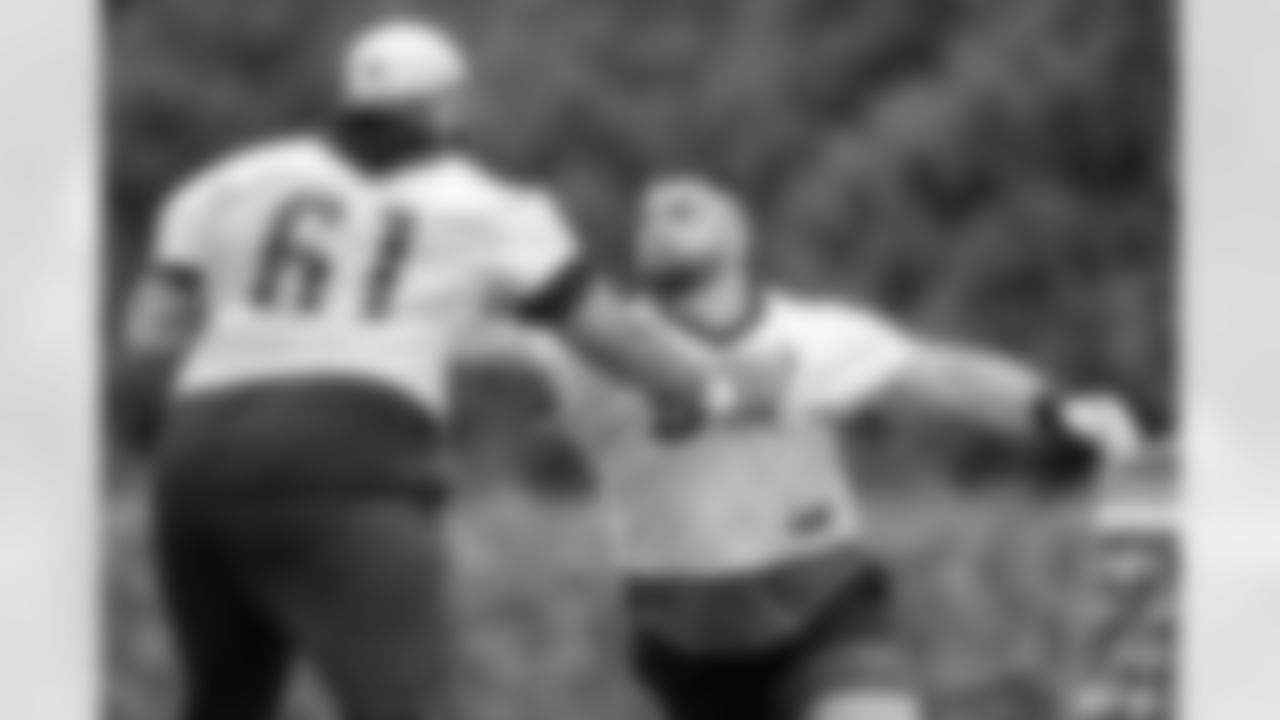 OLs Cody Ford and Dylan Fairchild during phase two of offseason workouts at Kettering Health Practice Fields, Wednesday, May 21, 2025.
