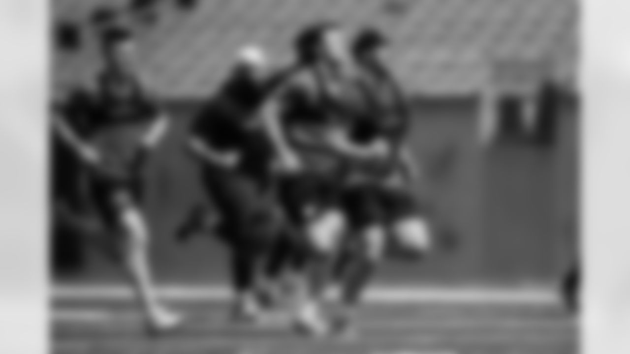 K Evan McPherson, LS Cal Adomitis and P Ryan Rehkow run at Paycor Stadium during offseason training, Monday, April 21, 2025.