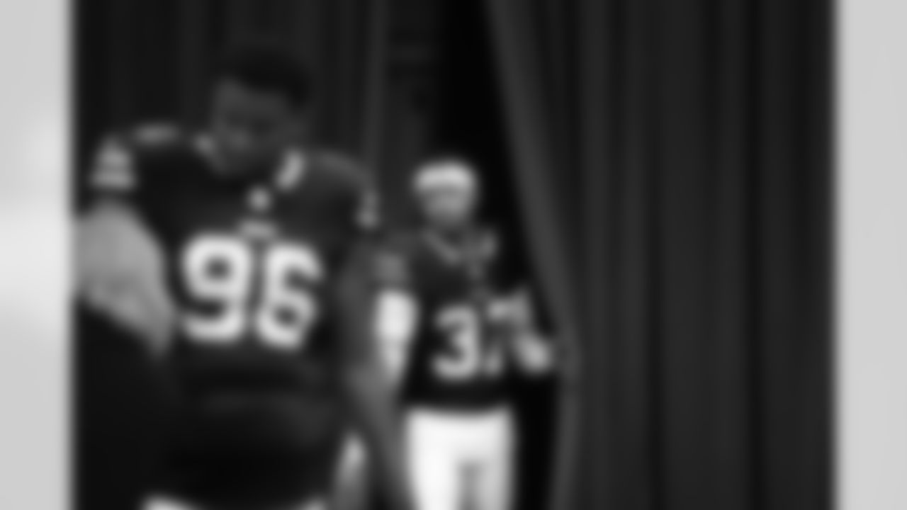 Deone Walker (96), Jordan Hancock (37). Buffalo Bills Rookie Media Day, May 08, 2025 at the Buffalo Bills Training Center.