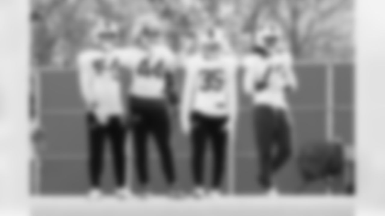 Baylon Spector (54), Joe Andreessen (44), Jimmy Ciarlo (35), Keonta Jenkins (49). Buffalo Bills Week 9 Practice, October 29, 2025 at the Buffalo Bills Training Center.