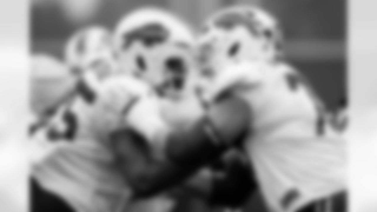 Richard Gouraige (75), Ryan Van Demark (74). Buffalo Bills Training Camp, August 20, 2025 at Buffalo Bills Training Facility.