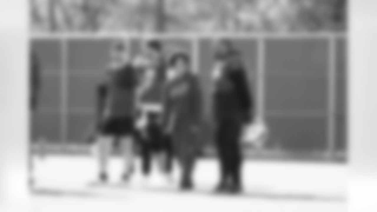 Joe Brady, Milli Wilson, Dion Dawkins (73). Buffalo Bills Week 9 Practice, October 29, 2025 at the Buffalo Bills Training Center.