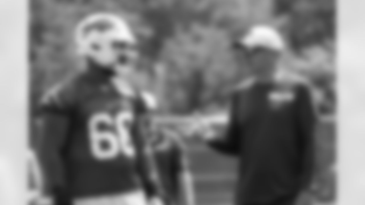 Tylan Grable (68), Aaron Kromer. Buffalo Bills Mandatory Minicamp, June 11, 2025 at the Buffalo Bills Training Center.