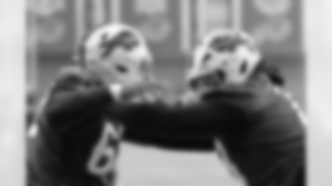 Sedrick Van Pran-Granger (62), Dion Dawkins (73). Buffalo Bills Week 10 Practice, November 07, 2025 at the Buffalo Bills Training Center.