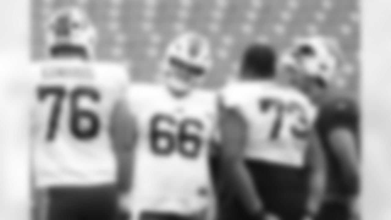Connor McGovern (66), Josh Allen (17). Buffalo Bills Training Camp, August 21, 2025 at Buffalo Bills Training Facility.