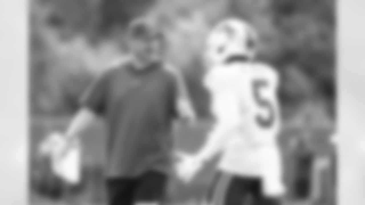 Joe Brady, Joshua Palmer (5). Buffalo Bills Training Camp, August 13, 2025 at Buffalo Bills Training Facility.