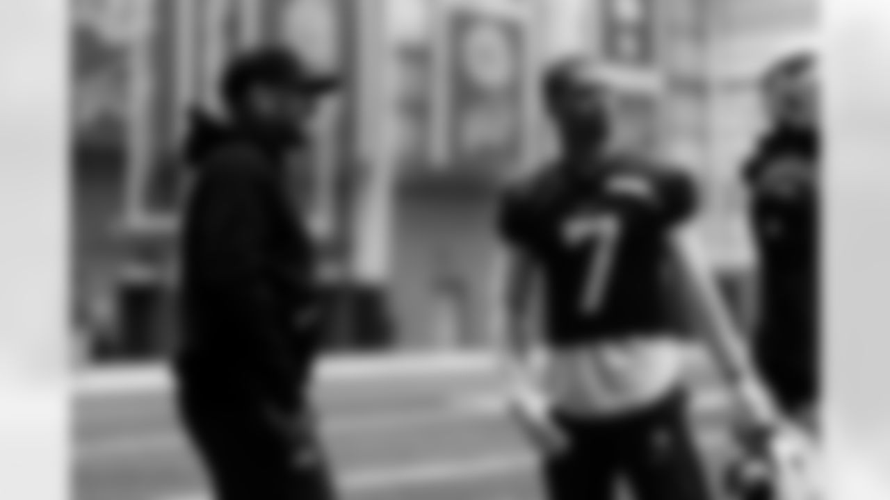 Bobby Babich, Taron Johnson. Buffalo Bills Week 16 Practice, December 19, 2025 at Buffalo Bills Training Center.