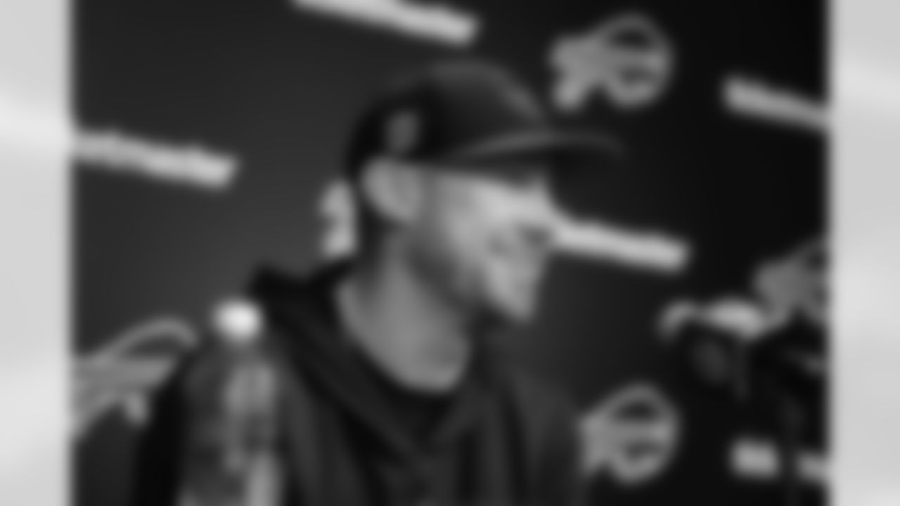 Joe Brady speaks prior to a Buffalo Bills Organized Team Activity, May 28, 2024 at One Bills Drive.