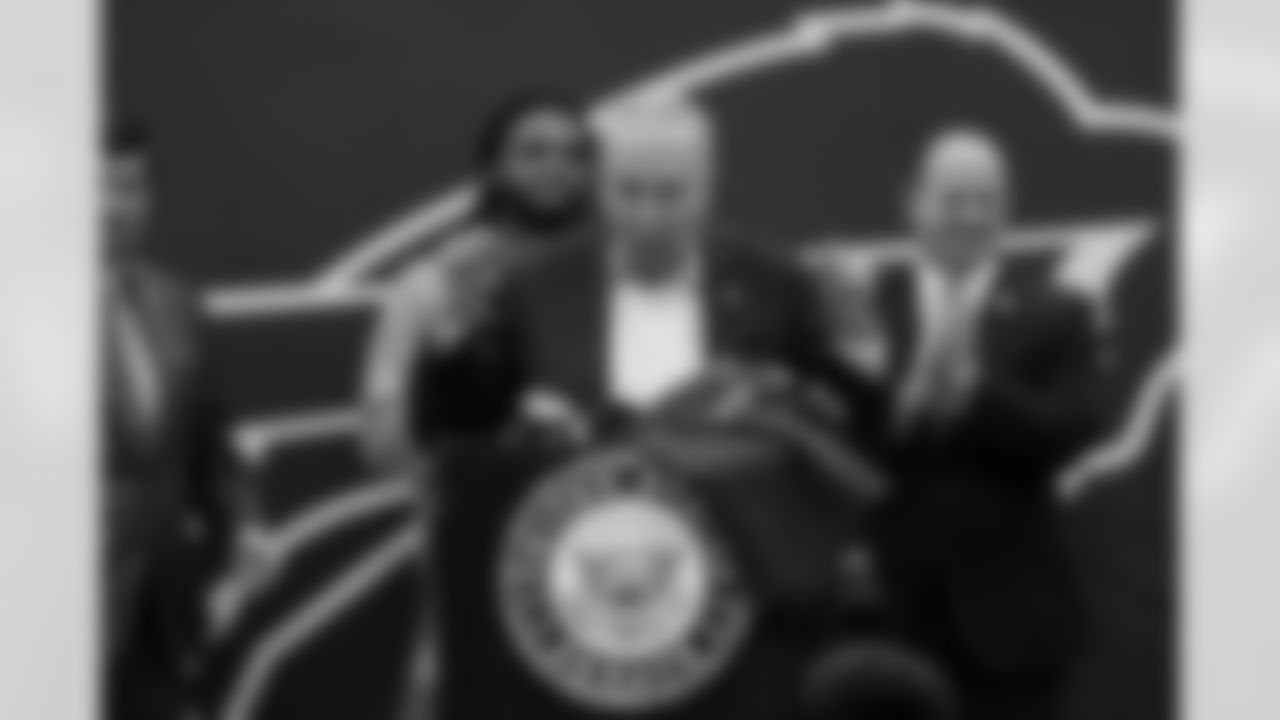 Damar Hamlin and U.S. Senate Majority Leader Chuck Schumer announce the HEARTS Act, December 09, 2024 at Cheektowaga Central High School.