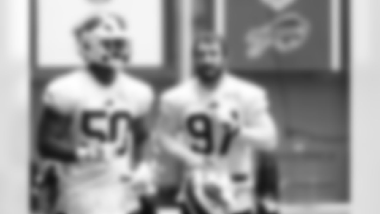 Greg Rousseau (50), Joey Bosa (97). Buffalo Bills Week 9 Practice, October 30, 2025 at the Buffalo Bills Training Center.
