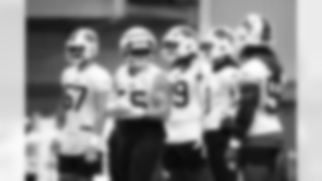 A.J. Epenesa (57), Michael Hoecht (55), Larry Ogunjobi (99), Terrel Bernard (8). Buffalo Bills Week 9 Practice, October 30, 2025 at the Buffalo Bills Training Center.