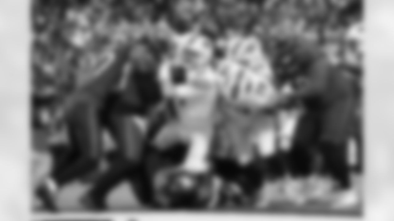 Josh Allen (17), Spencer Brown (79). Buffalo Bills vs Tampa Bay Buccaneers, Regular Season, November 16, 2025 at Highmark Stadium.