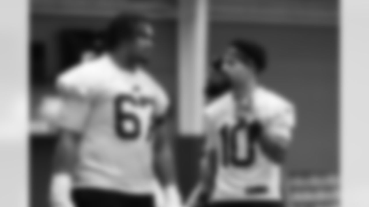 Travis Clayton (67), Khalil Shakir (10). Buffalo Bills Wild Card Week Friday Practice, January 09, 2026 at Buffalo Bills Training Center.