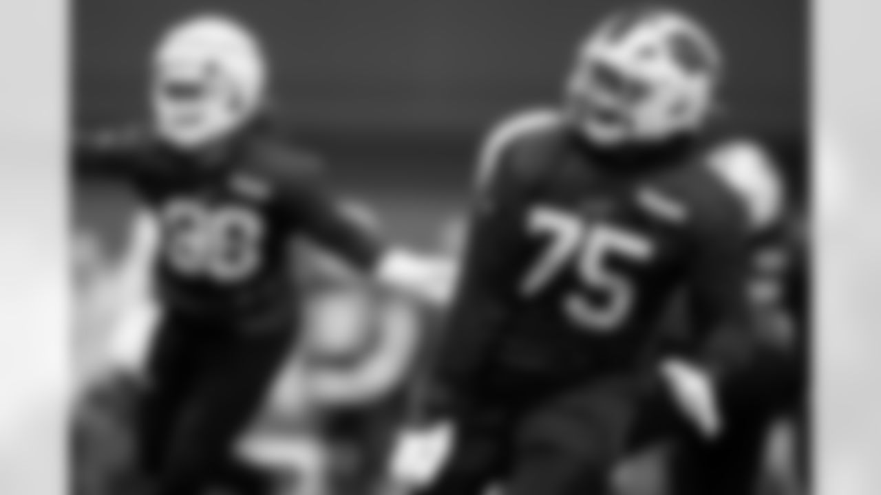 Andre Jones Jr. (75). Buffalo Bills Week 16 Practice, December 18, 2025 at Buffalo Bills Training Center.