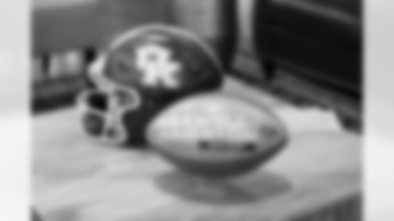 A detail view of Kentucky defensive back Maxwell Hairston football and helmet in the green room prior to the 2025 NFL Draft on Thursday, April 24, 2025 in Green Bay, Wisconsin. (Lauren Leigh Bacho/NFL)