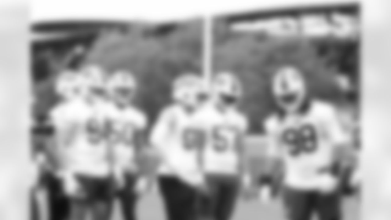 Landon Jackson (94), Greg Rousseau (50), Michael Hoecht (55), A.J. Epenesa (57), T.J. Sanders (98). Buffalo Bills OTA workouts, May 27, 2025 at the Buffalo Bills Training Center.