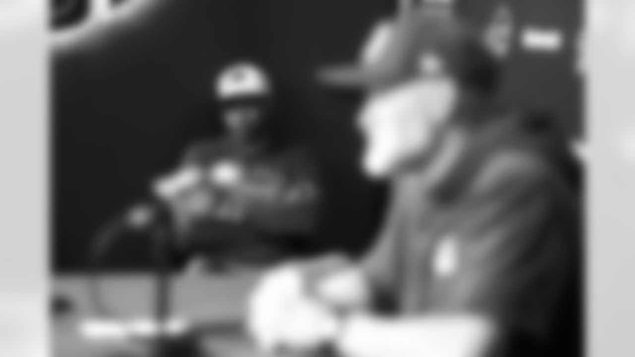 Vince Carter at Sean McDermott press conference. Buffalo Bills OTA workouts, May 27, 2025 at the Buffalo Bills Training Center.