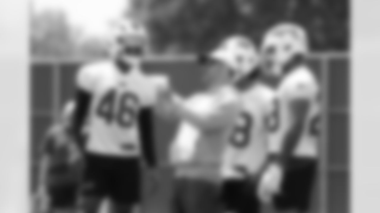 Ja'Marcus Ingram (46), Darrick Forrest (28), Mike Pellegrino. Buffalo Bills Mandatory Minicamp, June 11, 2025 at the Buffalo Bills Training Center.