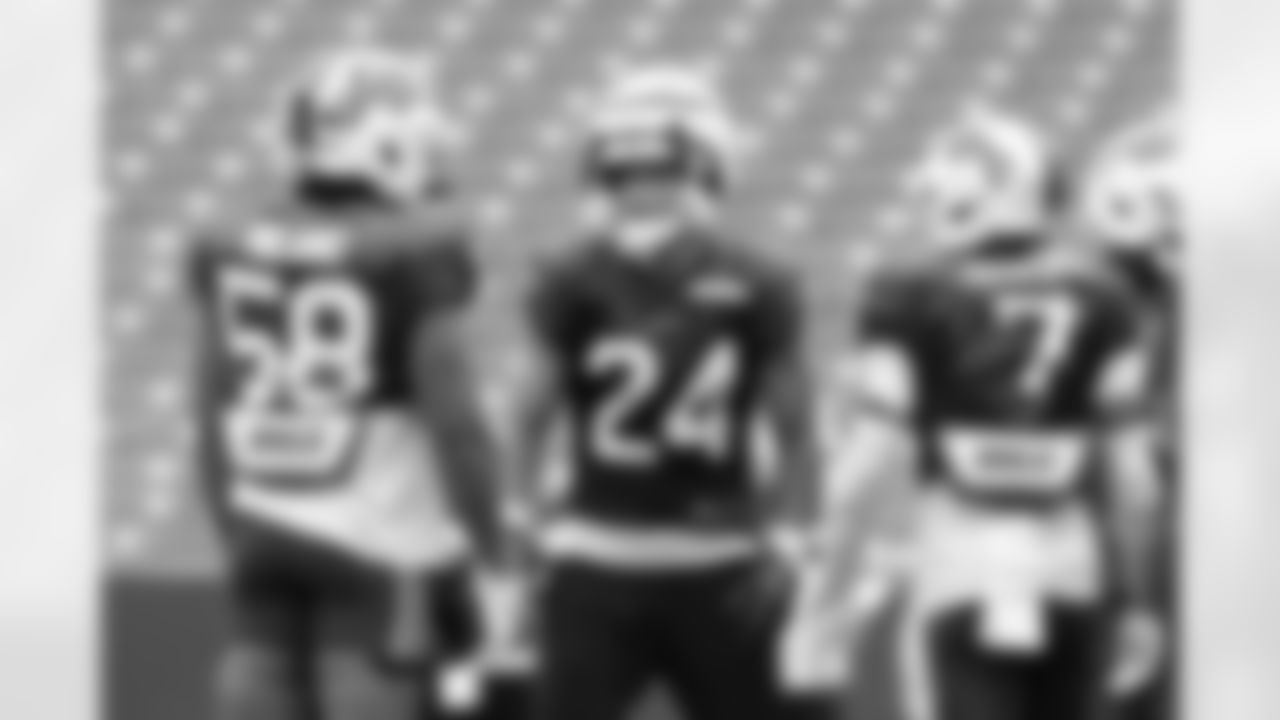 Cole Bishop (24), Matt Milano (58), Taron Johnson (7). Buffalo Bills Training Camp, August 21, 2025 at Buffalo Bills Training Facility.