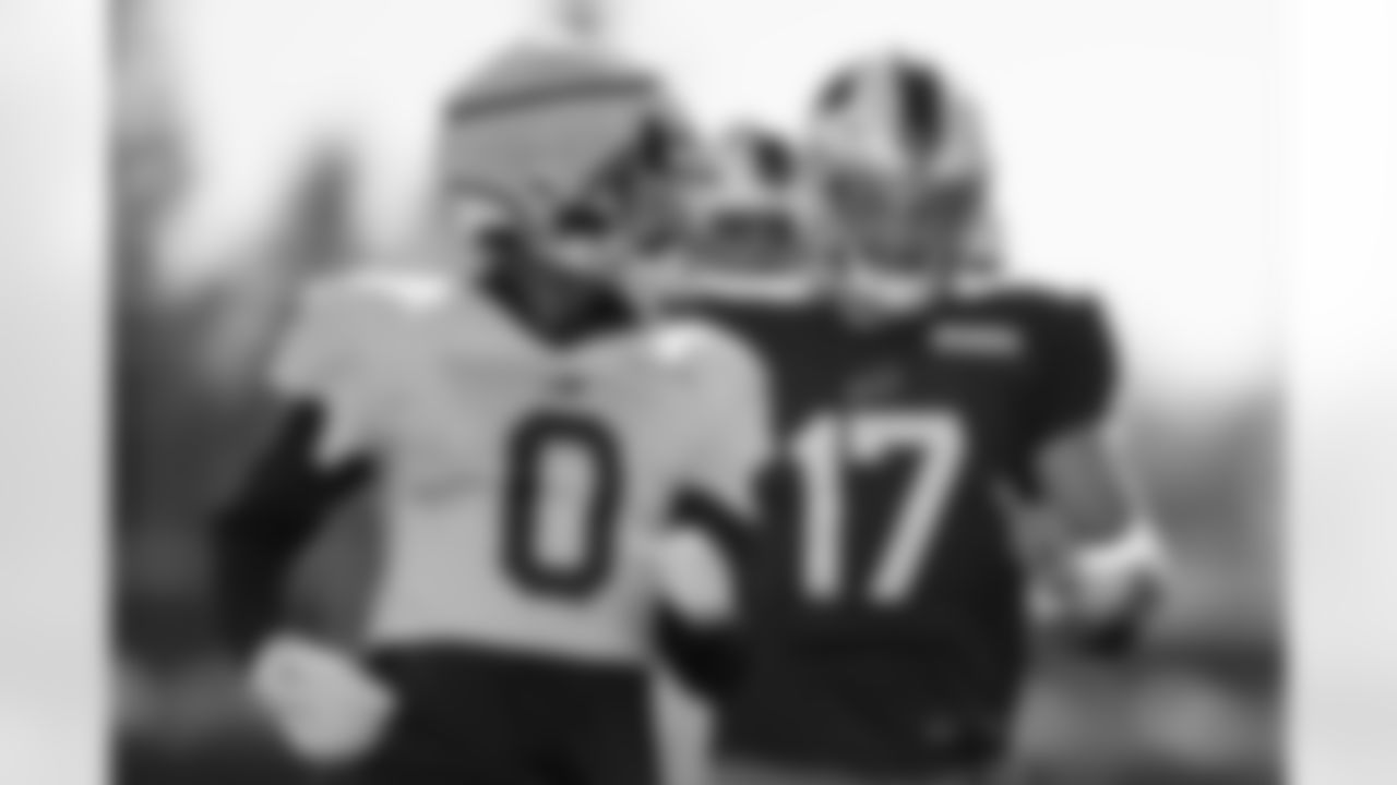Keon Coleman (0), Josh Allen (17). Buffalo Bills Week 6 Practice, October 09, 2025 at Buffalo Bills Training Center.
