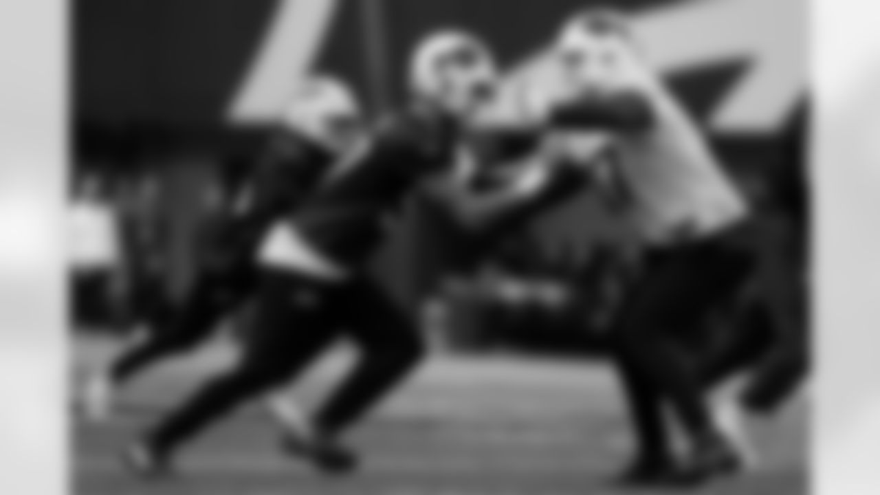 Chase Lundt (77), A.J. Epenesa (57). Buffalo Bills Week 13 Practice, November 26, 2025 at Buffalo Bills Training Center.