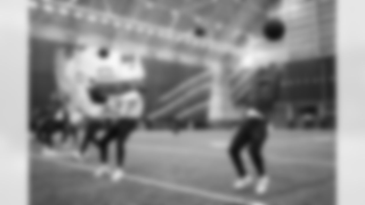 Joshua Palmer, Elijah Moore. Buffalo Bills players train during Phase Two of voluntary off-season workouts, May 7, 2025 at the Buffalo Bills Training Center.