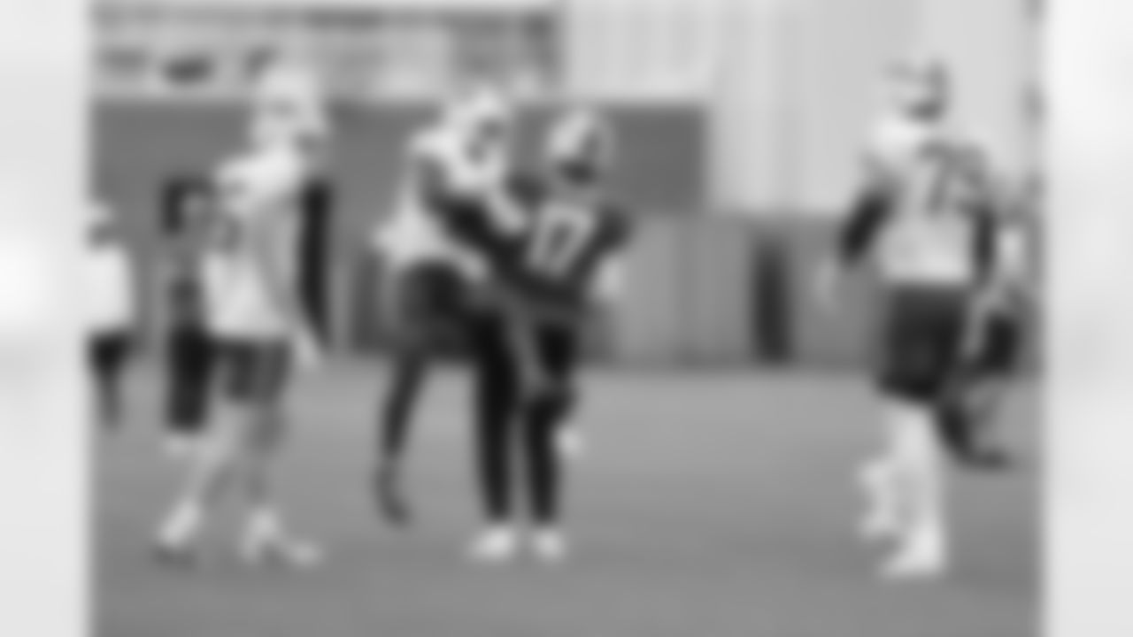 Elijah Moore (18), Josh Allen (17), Jackson Hawes (85), Spencer Brown (79). Buffalo Bills Training Camp, August 20, 2025 at Buffalo Bills Training Facility.