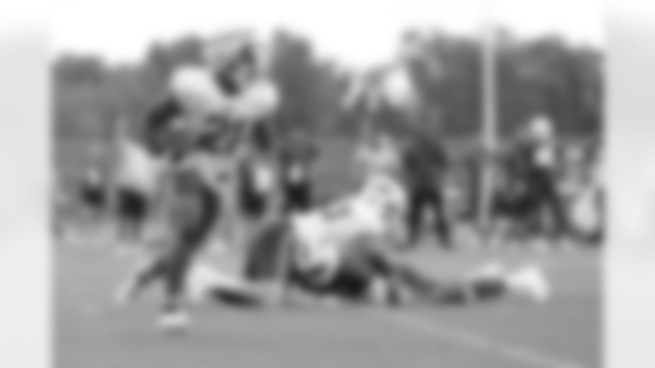 Darrynton Evans (21). Buffalo Bills Training Camp, August 13, 2025 at Buffalo Bills Training Facility.