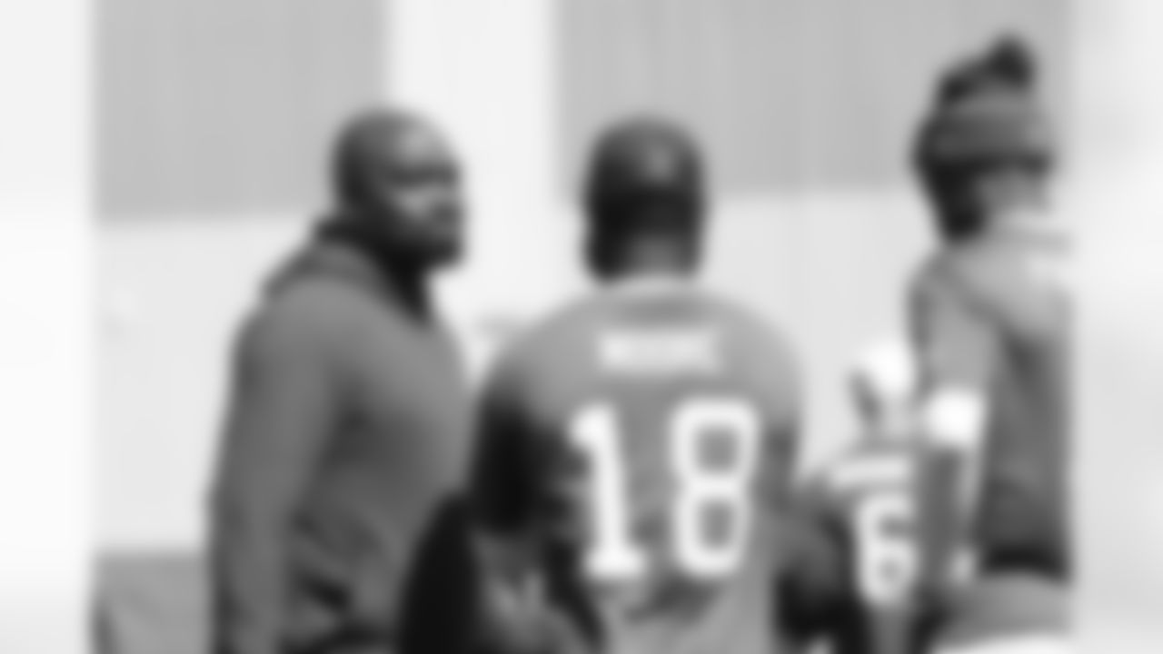 Adam Henry, Elijah Moore. Buffalo Bills players train during Phase Two of voluntary off-season workouts, May 7, 2025 at the Buffalo Bills Training Center.
