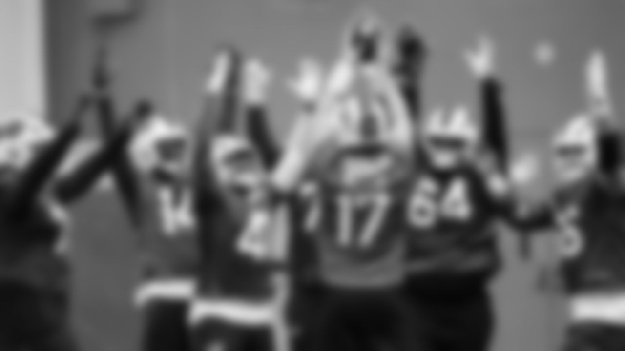 Dion Dawkins (73), Tyrell Shavers (14), Reggie Gilliam (41), Josh Allen (17), O'Cyrus Torrence (64), Connor McGovern (66). Buffalo Bills Week 10 Practice, November 07, 2025 at the Buffalo Bills Training Center.