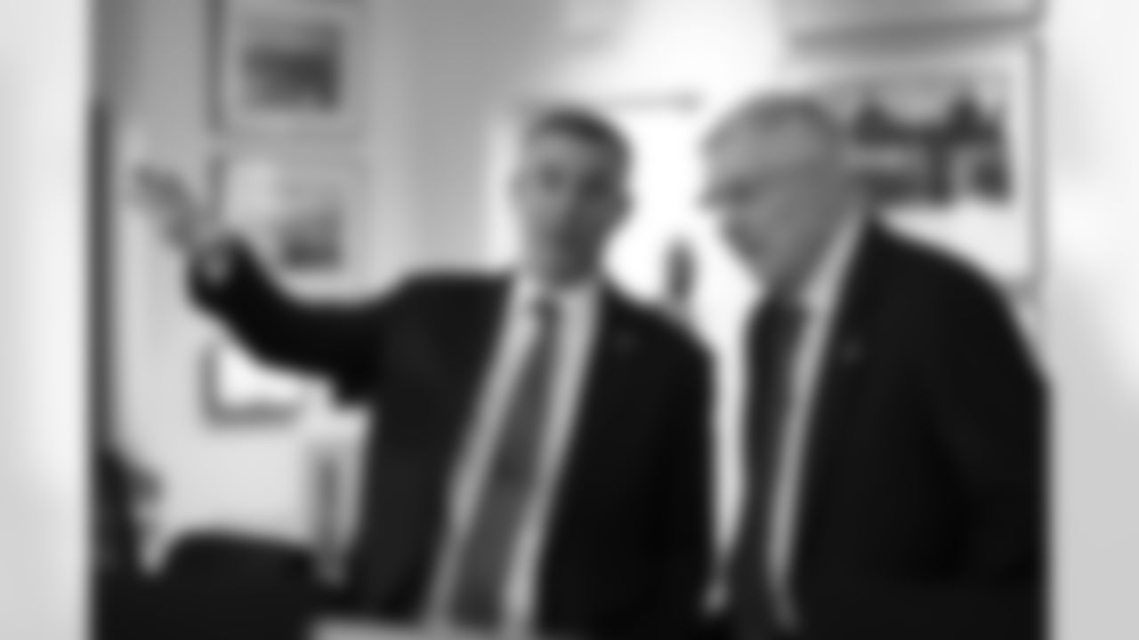Brandon Beane, Terry Pegula. Scenes from the Buffalo Bills draft room during Round 1 of the 2025 NFL Draft at the Buffalo Bills Training Center on April 24, 2025.