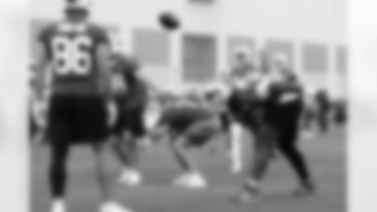 Dawson Knox (88), Josh Allen (17), Sedrick Van Pran-Granger (62). Buffalo Bills Mandatory Minicamp, June 12, 2025 at the Buffalo Bills Training Center.