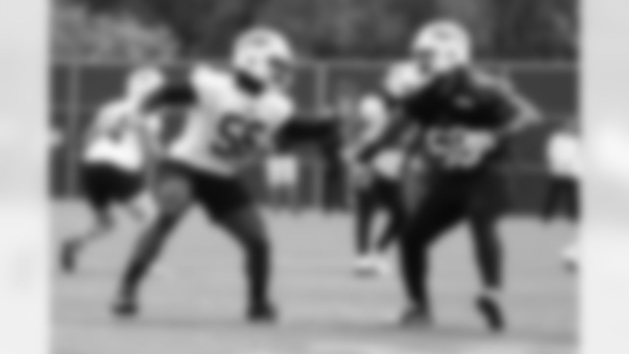 Javon Solomon (56), Tylan Grable (68). Buffalo Bills OTA workouts, June 03, 2025 at the Buffalo Bills Training Center.