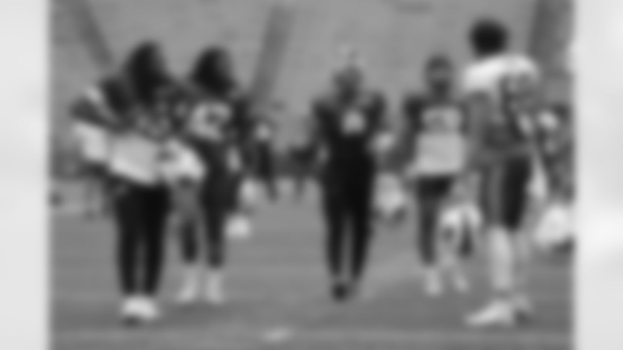 Shaq Thompson (45), Dorian Williams (42), Terrel Bernard (8), Matt Milano (58), Dawson Knox (88). Buffalo Bills Training Camp, August 21, 2025 at Buffalo Bills Training Facility.