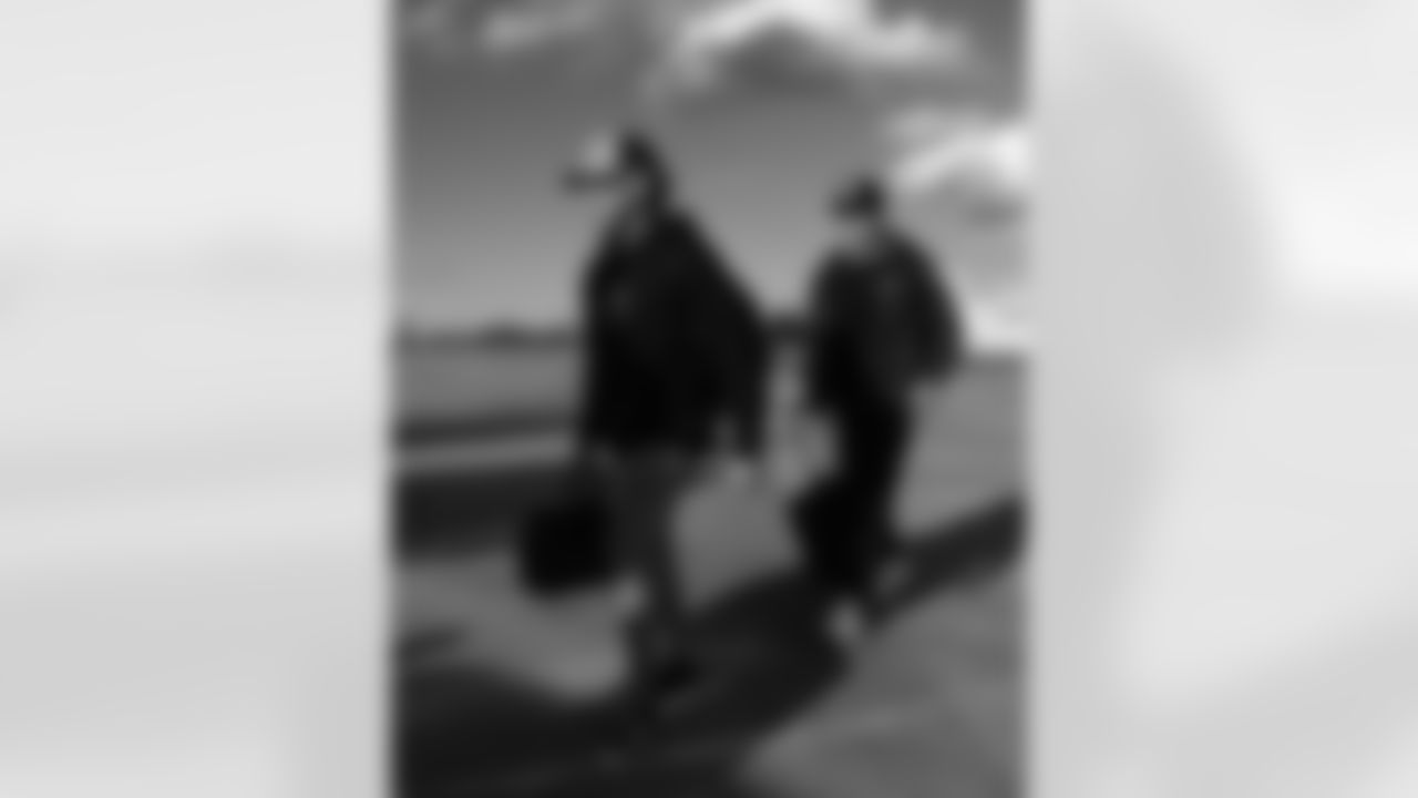 Matt Prater (15), Cole Bishop (24). Buffalo Bills arrive in Jacksonville, January 10, 2026.