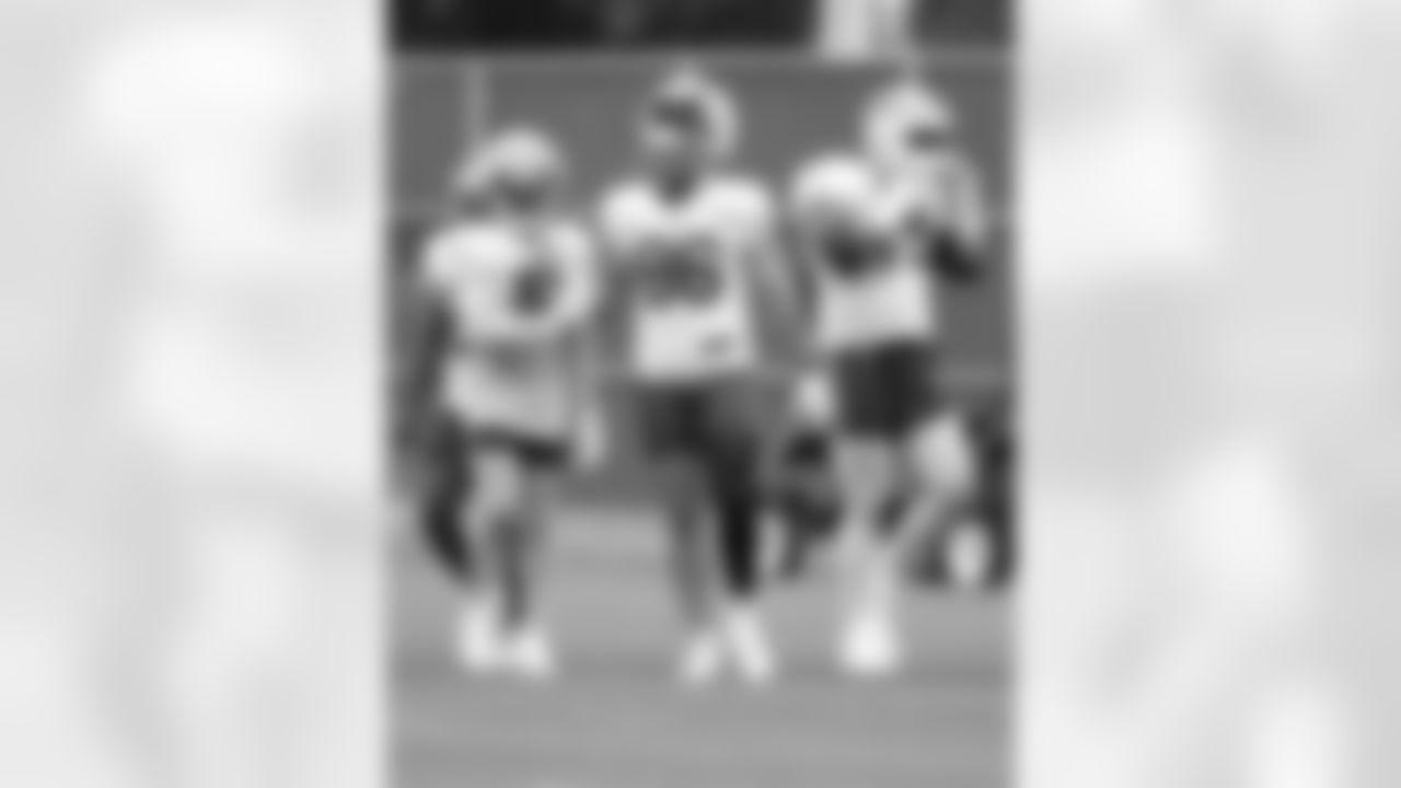 KJ Hamler (19), Dalton Kincaid (86), Spencer Brown (79). Buffalo Bills Training Camp, August 13, 2025 at Buffalo Bills Training Facility.
