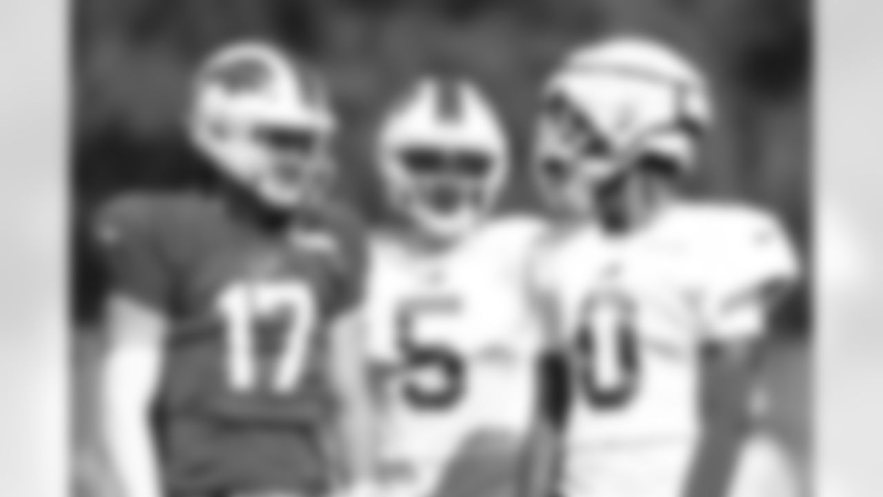 Josh Allen (17), Joshua Palmer (5), Keon Coleman (0). Buffalo Bills Training Camp, August 27, 2025 at Buffalo Bills Training Facility.