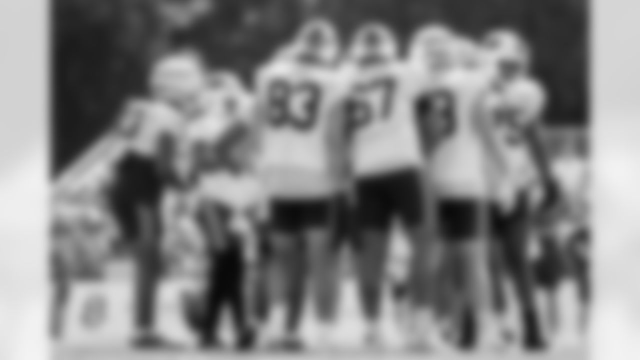 Keleki Latu (83), Travis Clayton (67), Rush Reimer (63), Richard Gouraige (75), Jalen Virgil (13). Buffalo Bills Training Camp, July 29, 2025 at St. John Fisher University.