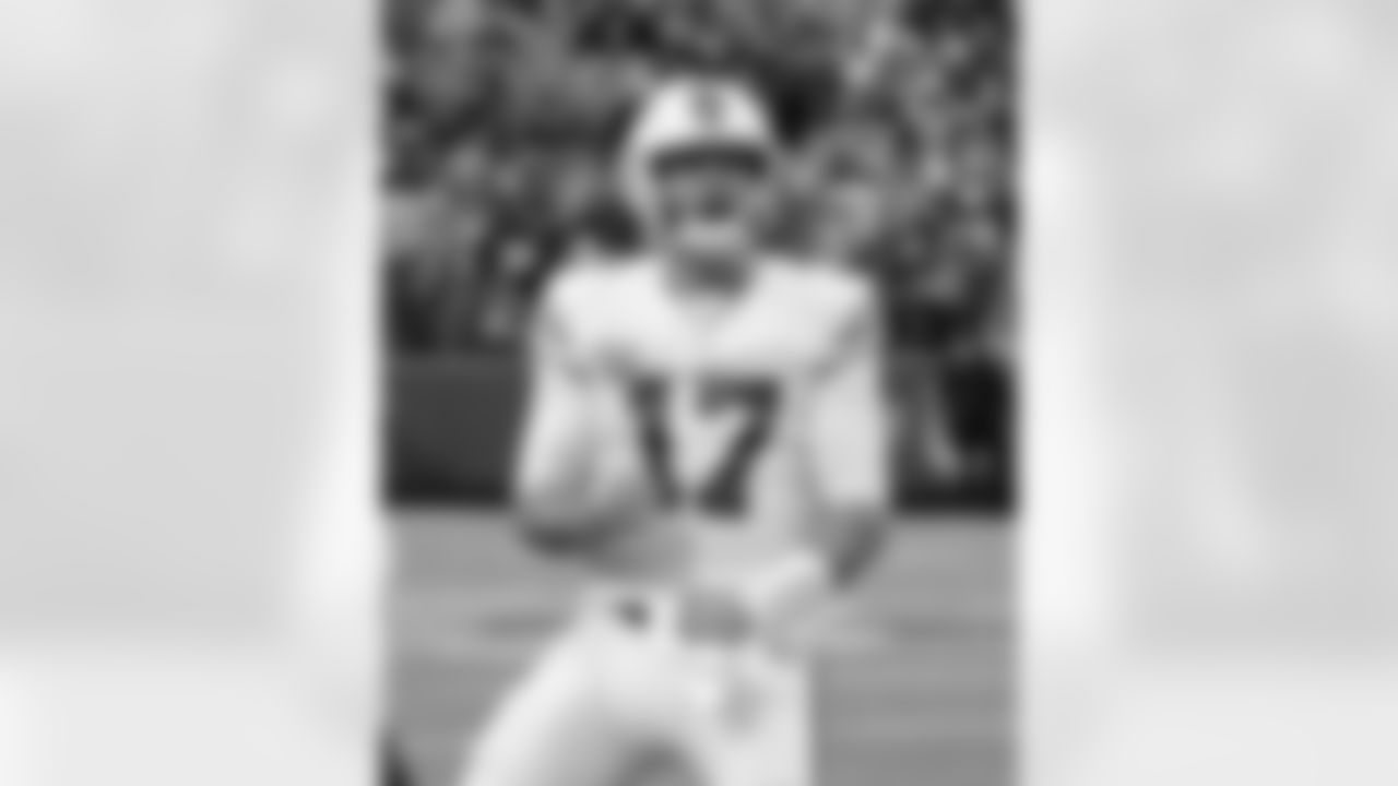 Josh Allen (17) 4th quarter celebration. Buffalo Bills vs Miami Dolphins at Highmark Stadium, October 31, 2021. Photo by Bill Wippert